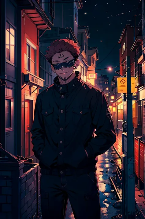 (masterpiece, best quality:1.2), cowboy shot, solo, male focus, 1boy, gojo satoru, smile, hands in pockets, blindfold, black jacket, highest quality digital art, rtx, ray tracing,night, moonlight,on top of a building, night lights,city