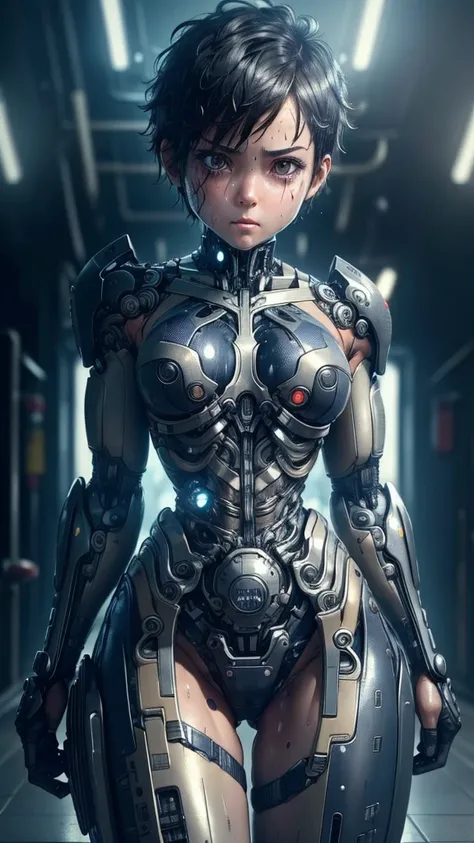 highest quality　8k cyborg suit girl　elementary school girl　sweaty face　cute　boyish short hair　very short hair　steam coming out o...