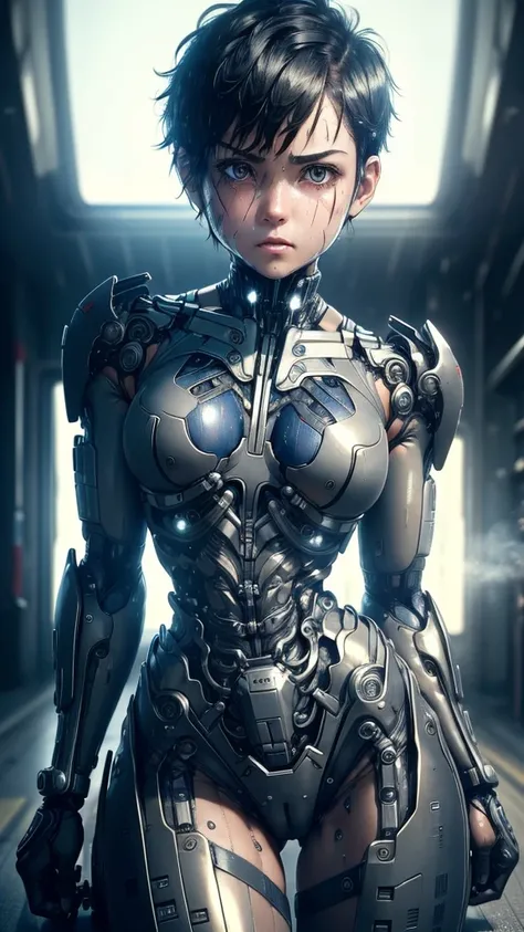 Highest quality　8k Cyborg Suit Girl　Elementary school girl　Sweaty face　cute　Boyish short hair　Very short hair　Steam coming out of my head　My hair is wet with sweat　Black Hair　Broken and unable to move　　Lying down　Soaked Face　My crotch is wet