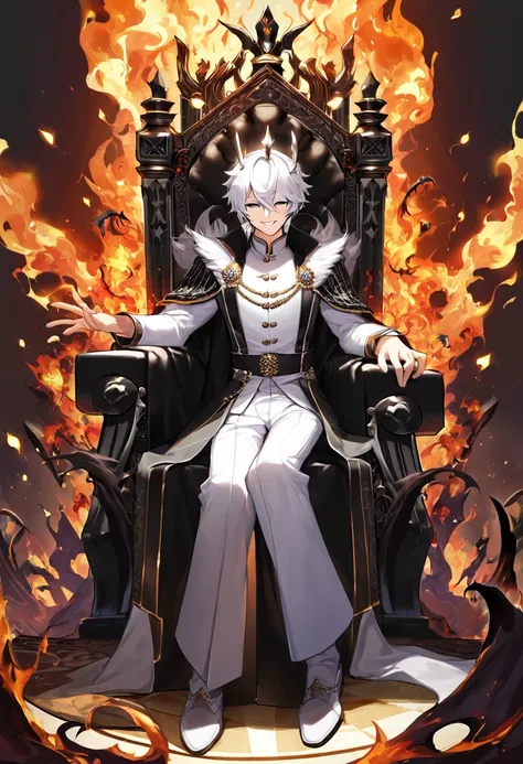 White white hair boy in a pitty smile face sitting in a black throne and his hand is holding a fire and theres in a abyss throne havong a hand on fire no shade and no man in the back and he leg is quit spread make tha background dragon emperor like