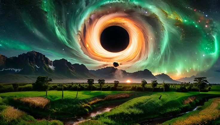 a black hole rises in the sky of a lush land