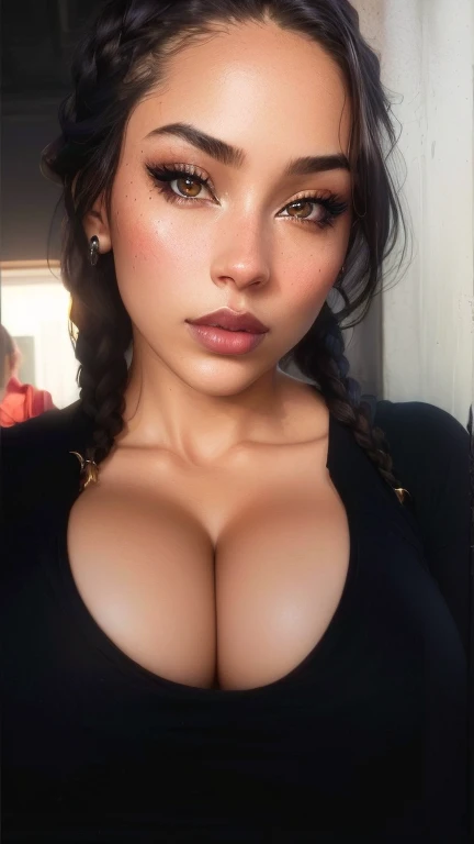 a woman with big breasts and a black top, neckline, full lips, super sexy woman, realist, fotorrealist, high quality, detailed, cinematic, dramatic lighting, chiaroscuro, sensual, elegant, beautiful, seductive, striking pose, hair in braids, glare, perfect...