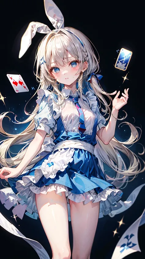 (Best quality, 8k, 32k, Masterpiece, UHD,:1.2),RAW, human, 1girl,ultra cute , ultra cute, natural lighting,transparent shining eyes, 20yo, small breast ,femur, fair complexion , flushed face, shinny skin、(alice in the wonderland:1.2)、(bunny rabbit、PlayingC...