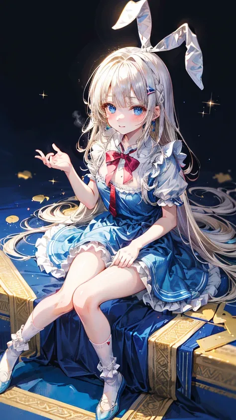 (Best quality, 8k, 32k, Masterpiece, UHD,:1.2),RAW, human, 1girl,ultra cute , ultra cute, natural lighting,transparent shining eyes, 20yo, small breast ,femur, fair complexion , flushed face, shinny skin、(alice in the wonderland:1.2)、(bunny rabbit、PlayingC...