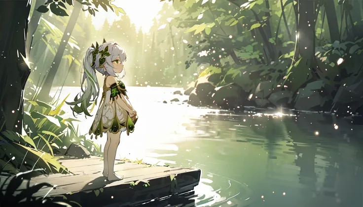 masterpiece,Highest quality,dispersion,alone,One girl, in the forest,Light particles, Light,Nahida,Green Eyes,Waterfront