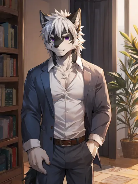 embedding:black wolf, male,purple eyes,Scar on the face, scar on the body,Single person，The fur on the chest and abdomen is white.Inside the apartment,Elder brother.Modern apartment, clean and tidy.casual Shirt，Casual pants,Formal, everyday,A mild expressi...