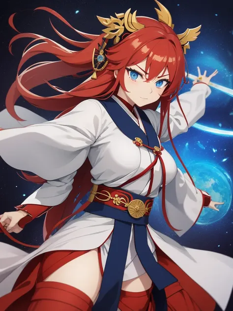 an anime style female character, with long red hair, and intense blue eyes. He wears traditional Japanese clothing, similar to the clothing of a samurai or a miko (Sintoist priestess), in white and blue colors. He holds a katana in one hand, which has a de...