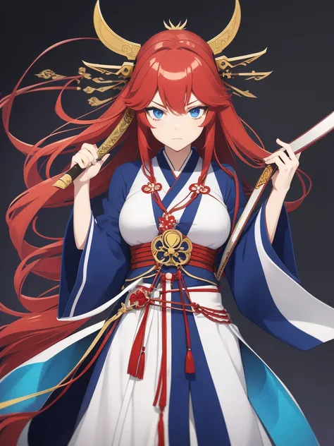 an anime style female character, with long red hair, and intense blue eyes. He wears traditional Japanese clothing, similar to the clothing of a samurai or a miko (Sintoist priestess), in white and blue colors. He holds a katana in one hand, which has a de...