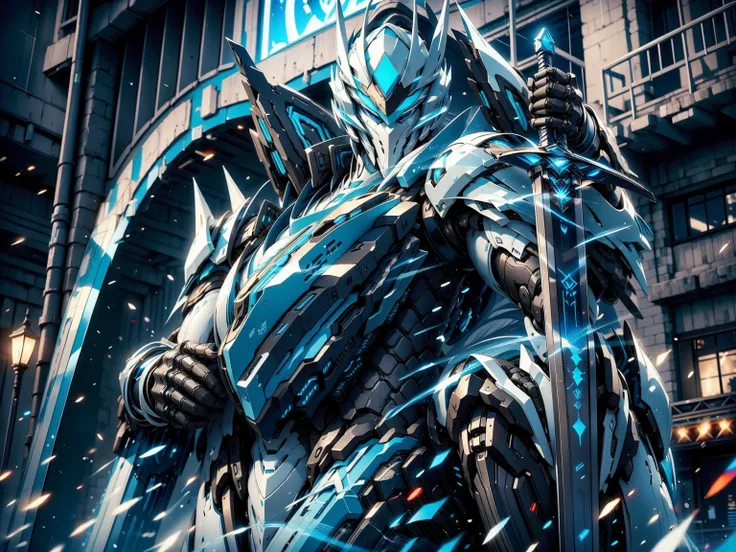 Blue-haired cyberpunk knight, sideways，white helmet, White Armor, Holding a sword, 8K picture quality, 4k picture quality, masterpiece, The award-winning, the best