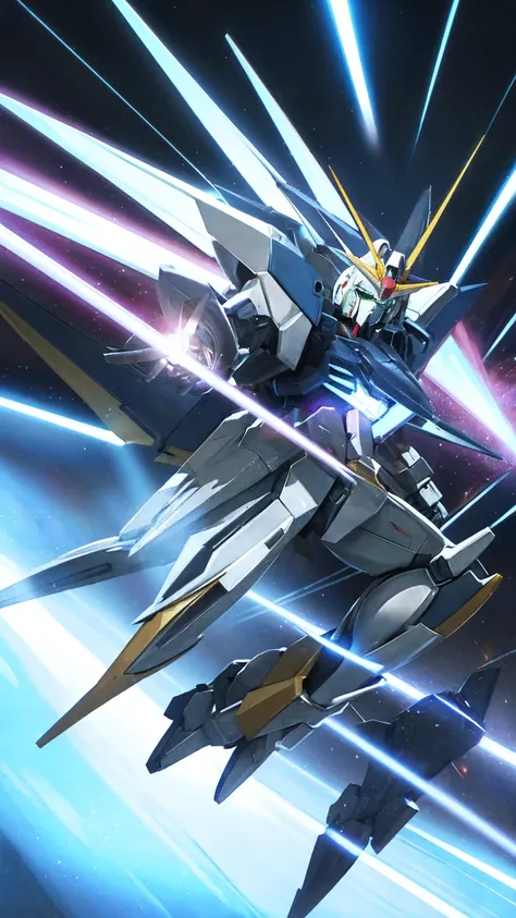 Real、high resolution、８K,In the endless, pitch black space、A shining ray of light is running through at high speed。At its heart is、The Strike Freedom Gundam can be seen soaring powerfully.。Gundam&#39;s golden wings spread、A dazzling light shines from its ti...