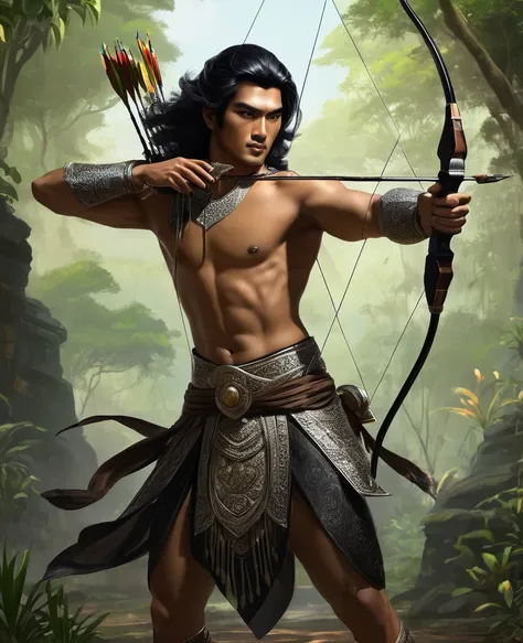 arjuna in mahabarata is shooting archery, holding a bow and arrow, javanese handsome prince, majapahit warrior, long wavy black ...