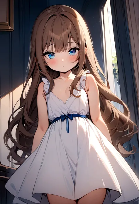 ((Masterpiece)), (((best quality))), hips wide open, ((blue colour eyes)), long brown hair, ((shot White dress)),  ((little girl)), (Bored), (cute), ((chest big)), ((long hair))