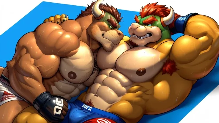 Duo male(Bowser Koopa:1.0, Brown Dog:1.0, handsomes, Thick eyebrows), gay(Lying down, body on back, cuddling embraced from behind, Body frottage, face to face, on a UFC match), hot(Shirtless), handsomes(They are handsomes, correct anatomy), musculosos(Big ...