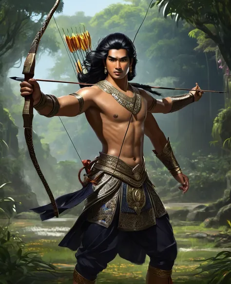 arjuna in mahabarata is shooting archery, holding a bow and arrow, javanese handsome prince, majapahit warrior, long wavy black ...