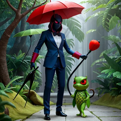 sharp man with mask holding an umbrella and a lizard, surreal photography, perfectly realistic, more surreal, beetle. Hyper-Realism, surreal style, hyperrealistic surrealism, surrealist photography, extremely realistic photo, unsplash contest winning photo...