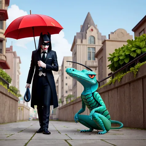 sharp man with mask holding an umbrella and a lizard, surreal photography, perfectly realistic, more surreal, beetle. Hyper-Realism, surreal style, hyperrealistic surrealism, surrealist photography, extremely realistic photo, unsplash contest winning photo...