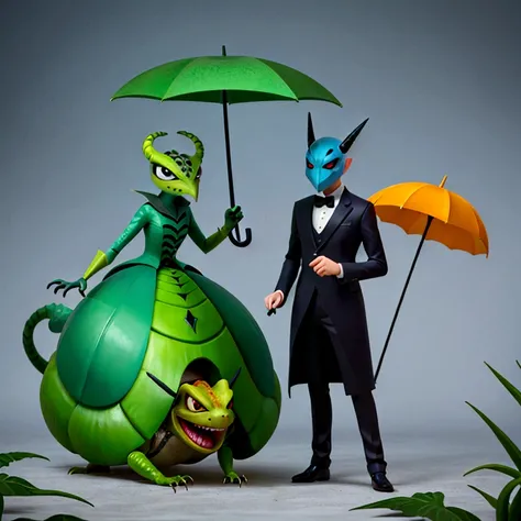 sharp man with mask holding an umbrella and a lizard, surreal photography, perfectly realistic, more surreal, beetle. Hyper-Realism, surreal style, hyperrealistic surrealism, surrealist photography, extremely realistic photo, unsplash contest winning photo...