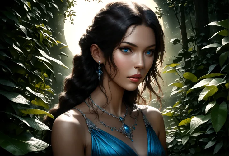 A beautiful young moon elf with waist-length hair, pale skin, and crystal blue eyes, wearing a sheer crystal silk evening gown, flirtatiously studying the viewer in a moonlit glade, (best quality,4k,8k,highres,masterpiece:1.2),ultra-detailed,(realistic,pho...