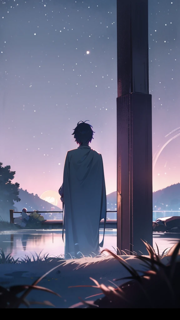 A young couple, silhouetted against a vibrant blue night sky, sits on a bench, gazing at the distant cityscape. The scene is filled with a sense of peace and quiet contemplation, bathed in the soft glow of the moon and stars. The couples posture suggests a...