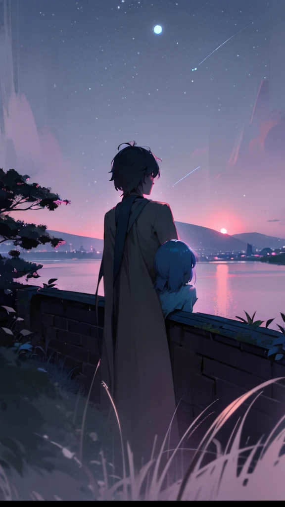 A young couple, silhouetted against a vibrant blue night sky, sits on a bench, gazing at the distant cityscape. The scene is filled with a sense of peace and quiet contemplation, bathed in the soft glow of the moon and stars. The couples posture suggests a...