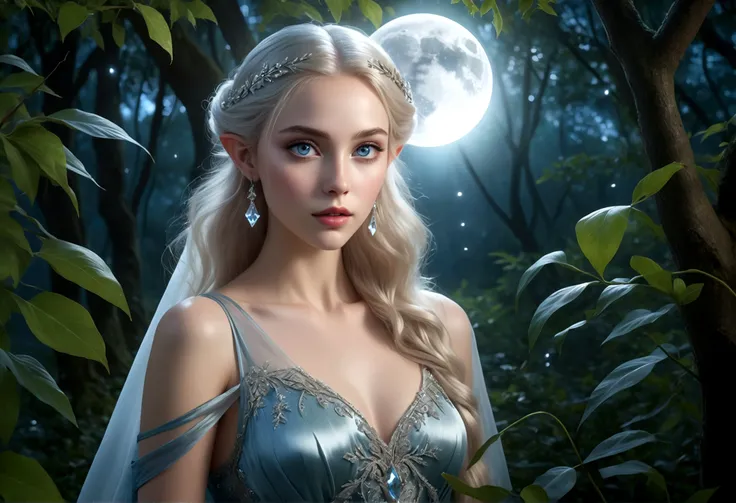 A beautiful young moon elf with waist-length hair, pale skin, and crystal blue eyes, wearing a sheer crystal silk evening gown, flirtatiously studying the viewer in a moonlit glade, (best quality,4k,8k,highres,masterpiece:1.2),ultra-detailed,(realistic,pho...