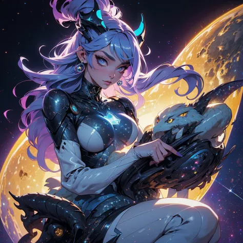 A space dragon sitting at the edge of the universe, lonely, sad, void, stars, the stars mixed in the sea, a sea of stars, ethereal woman, Blue and purple hair , space buns, space outfit, white black and gold outfit, golden dragon horns and tail, space outf...