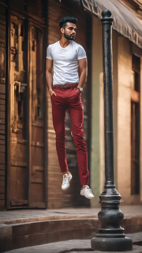 there is a man standing on a pole in front of a building, full body photogenic shot, with a cool pose, very artistic pose, stylish pose, candid picture, full body picture, cool pose, taken with sony alpha 9, red shirt brown pants, mohamed chahin style, wea...