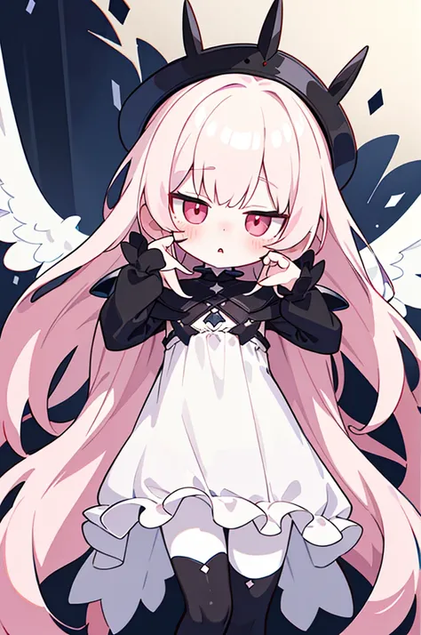 absurd, absolute resolution, incredibly absurd, super high quality, super detailed, official art, Unified 8K wall, MasterpieceBREAK One , Innocent, little devil, small, young toddlers, blush，long white hair，Pale pink eyes