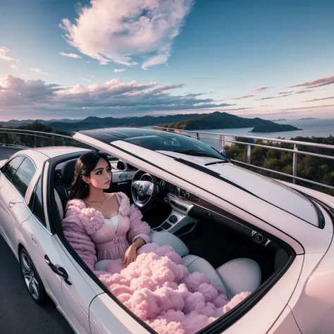 You can create a photo of a white Mercedes Benz luxury car, and a man and a woman inside the car, at a viewpoint, with pink clouds