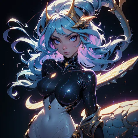 A space dragon sitting at the edge of the universe, lonely, sad, void, stars, the stars mixed in the sea, a sea of stars, ethereal woman, Blue and purple hair , space buns, space outfit, white black and gold outfit, golden dragon horns and tail, space outf...