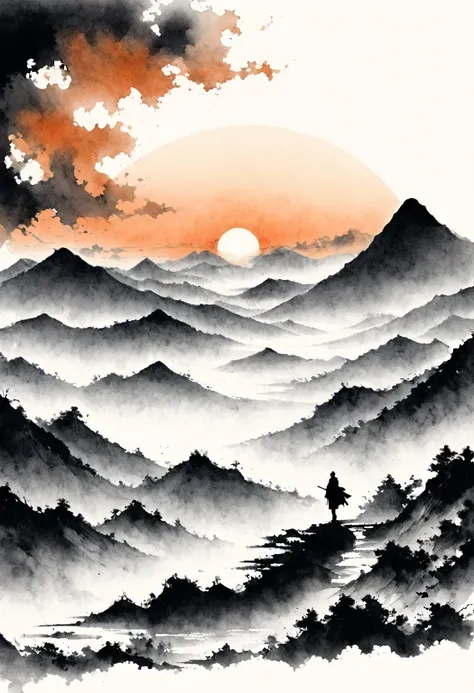 (Lots of white space:1.5)，(Lots of white space around:1.6), White background, simple, Minimalism, abstract,Freehand，Aesthetic，black and white，Ink Painting，antiquity，sunrise，a mountain，A person far away