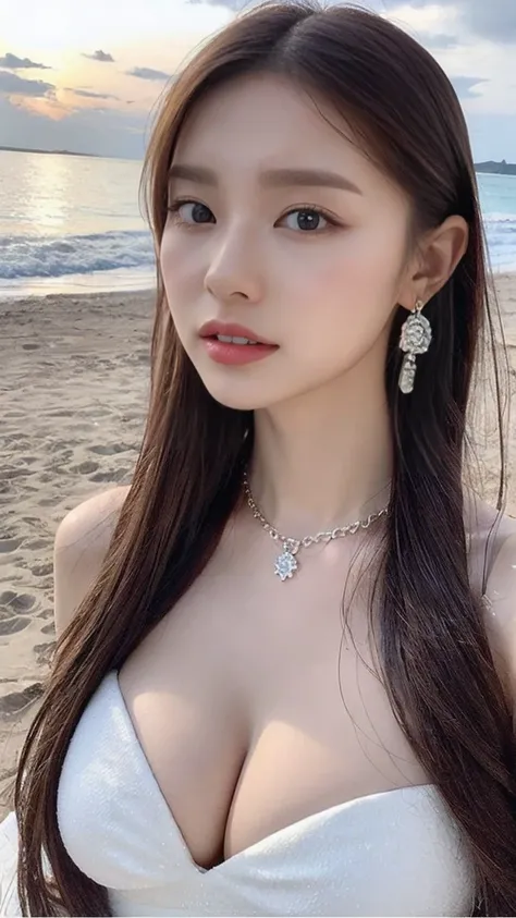 Beautiful woman with perfect body：1.4，Layered Hairstyles，Prominent cleavage，Highly detailed face and skin texture，double eyelid，Skin whitening，Long Hair，White long legs，（Princess Dress，Chest Chain），Standing on the beach，Half-body photo