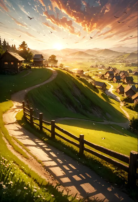 a beautiful sunrise, a peaceful countryside landscape, rolling hills, lush green meadows, a small village in the distance, a wooden fence, a dirt path, a gentle breeze, birds flying in the sky, warm golden sunlight, long shadows, idyllic, serene, beautiful...