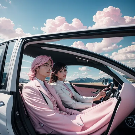 You can create a photo of a white Mercedes Benz luxury car, and a man and a woman inside the car, in a viewpoint, with pink clouds