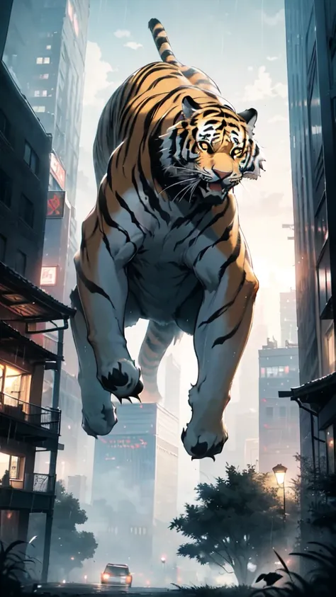 absurdres, (giant tiger among skyscrapers:1.2),only the huge tail fin is visible, amazing person々, heavy rain, storm, cloudy, da...