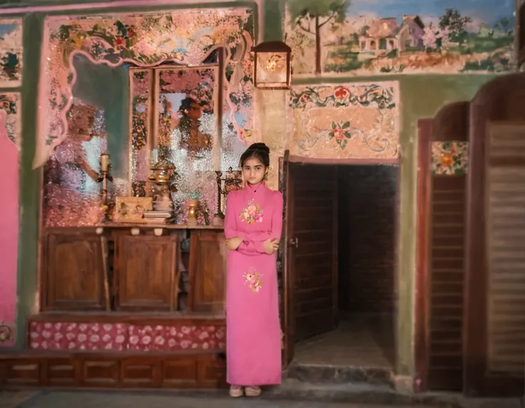 A girl wearing a pink dress, standing with her arms crossed in the house