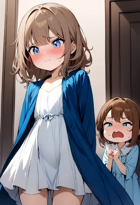 ((Masterpiece)), (((best quality))), hips wide open, ((blue colour eyes)), (((long brown hair))), ((shot White dress)), ((little girl)), (worry face), (cute), ((blue silk robe))