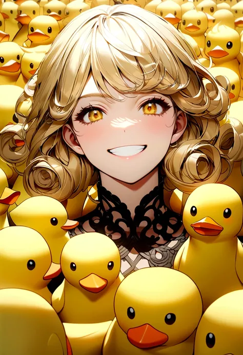  With curly blonde hair， Grin，Surrounded by a large number of small yellow ducks