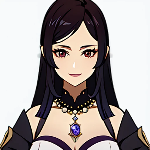 [a beautiful mature woman with a seductive smile and parted lips against a white background. She has sharp eyelashes, perfect brown eyes,  long black hair with bangs. His figure is voluptuous, with a narrow waist, Broad Hips, and huge breasts. The image ha...