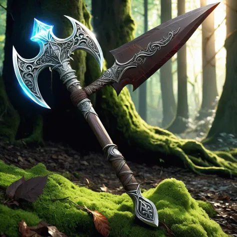 Envision a powerful, fantasy medieval axe resting against the roots of an ancient tree in a dense forest. The axes double-edged blade gleams with an ethereal glow, etched with runes that pulse faintly with magical energy. The sturdy handle, made of dark, p...