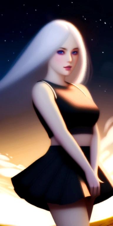 realistic, 1girl, white hair, purple eyes, glowing eyes, crop top, skirt, parted lips, blush, night, flowers, sun, sunlight,