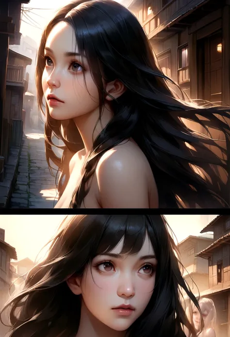 Residential Street、A naked girl looking into the distance、(Black-haired、Long Hair:1.3), Beautiful Hairstyles, Realistic eyes, Realistic facial expressions