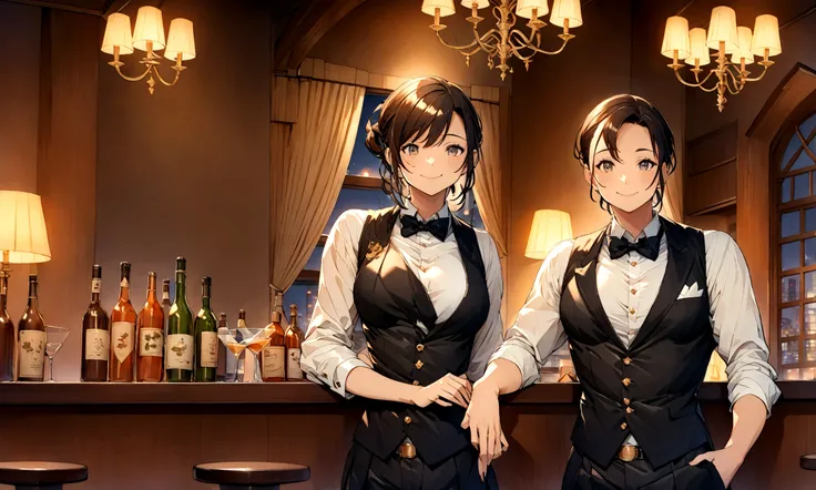 Create a vibrant and detailed image in the style of Studio Ghibli. The central focus of the image should be a miniature dachshund dressed in a bartenders outfit, with a big, cheerful smile on its face. The setting is an upscale bar in Roppongi, Tokyo, exud...