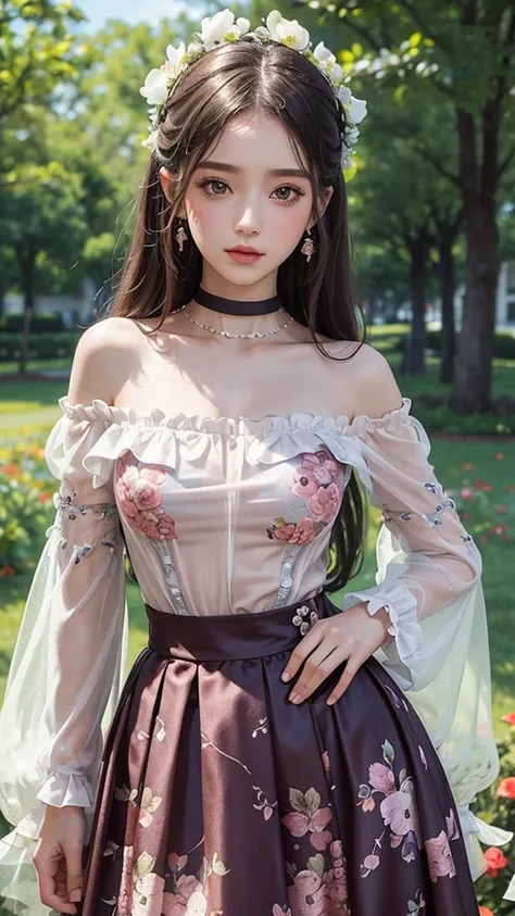 (best quality, masterpiece), 1girl, intricate details, off shoulder, skirt, choker, frills, see-through, looking at viewer, blush, upper body, blurry background, floral print, contrapposto