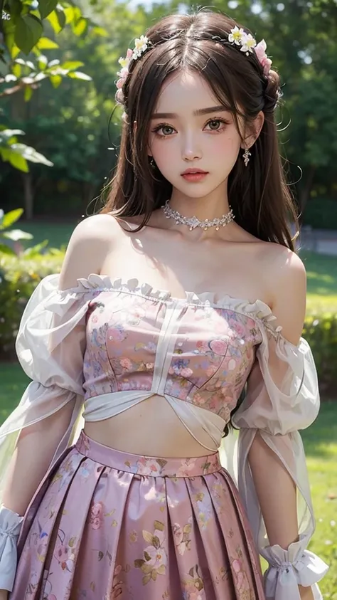 (best quality, masterpiece), 1girl, intricate details, off shoulder, skirt, choker, frills, see-through, looking at viewer, blush, upper body, blurry background, floral print, contrapposto