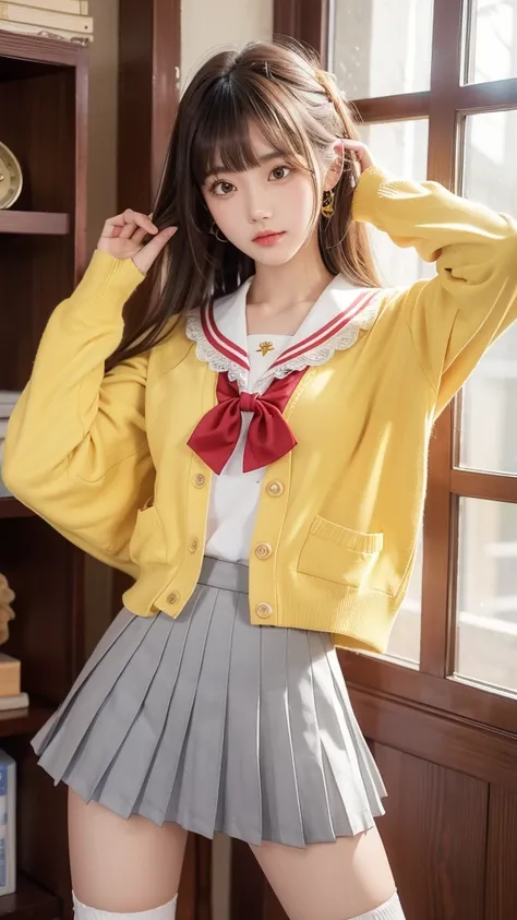 realistic,asian,
1woman,
spread legs,
long hair,bangs,yellow hair,
school uniform,serafuku,mini skirt,grey skirt,pleated skirt,long sleeves,sailor collar,red neckerchief,yellow cardigan,
floating skirt,lace_trim,panties,