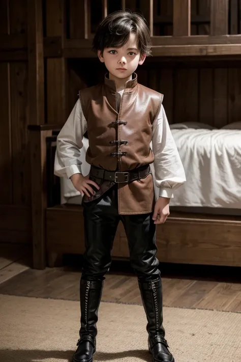 Boy in a brown medieval tunic with a vest with black details on the collar and ends of the sleeves, around the waist and a leather belt and underneath, tight black pants and small black boots