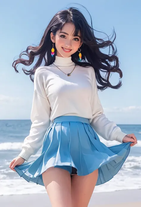 a cute anime girl, 20 years old, short black wavy long hair, bangss, rainbow hair, vibrant colors, Puffy nipple, (White Turtleneck Knit), (Blue long skirt), Black stockings, Medium milk, cute smile face, ((Poses that emphasize the buttocks, turned around))...