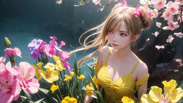 32k, Masterpiece, Highest quality, One girl, Detailed eyes, flower,gladiolus, Yellow and pink style,A dreamy, romantic piece,Pale yellow, Mysterious Leaves,A playful arrangement,Fantasy,High Contrast,Ink strokes,explosion,Exposure, Impression of yellow and...