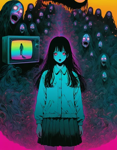 illust、art、directed by Junji Ito、anxietyの立像、nightmare、anxiety、Double Image、high detail, realsitic shadow、Analog style, vhs style, 8mm film, chromatic aberration, Dvd screengrab、Complementary color gradient、Surrealism